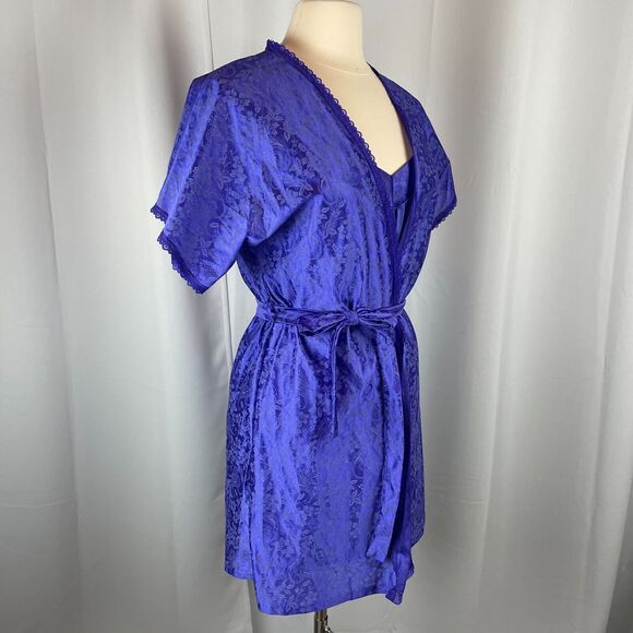 Vintage Lingerie Set Size Medium Purple Satin Robe Slip Nightgown Peignoir 80s - Picture 8 of 16